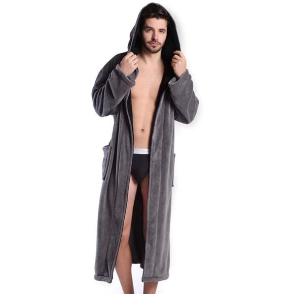 Hooded Herringbone Men's Soft Spa Full Lenght Bathrobe - Picture 1 of 9